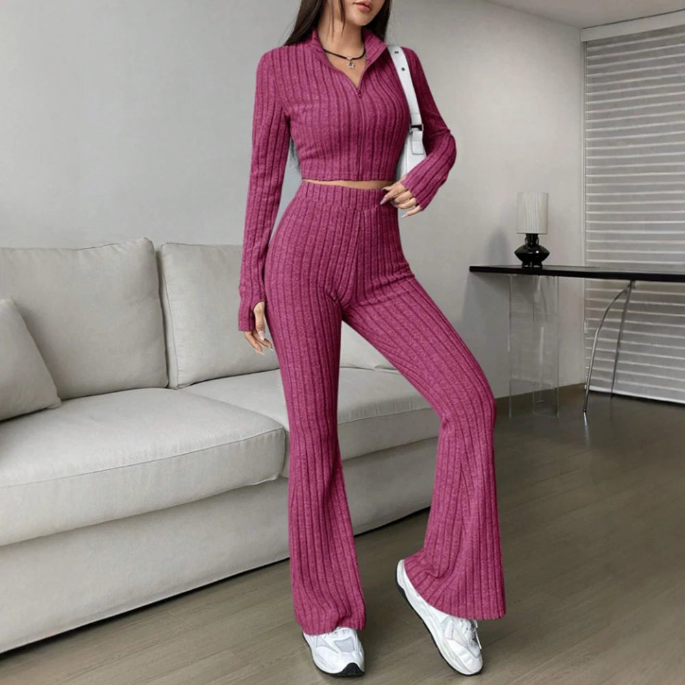 Zipper Long Sleeve Stand Collar Crop Top & High Waist Ankle Bell-Bottoms Set