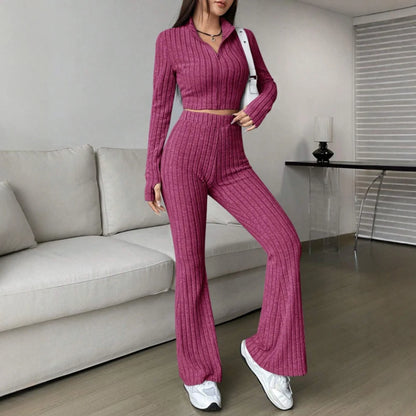 Zipper Long Sleeve Stand Collar Crop Top & High Waist Ankle Bell-Bottoms Set