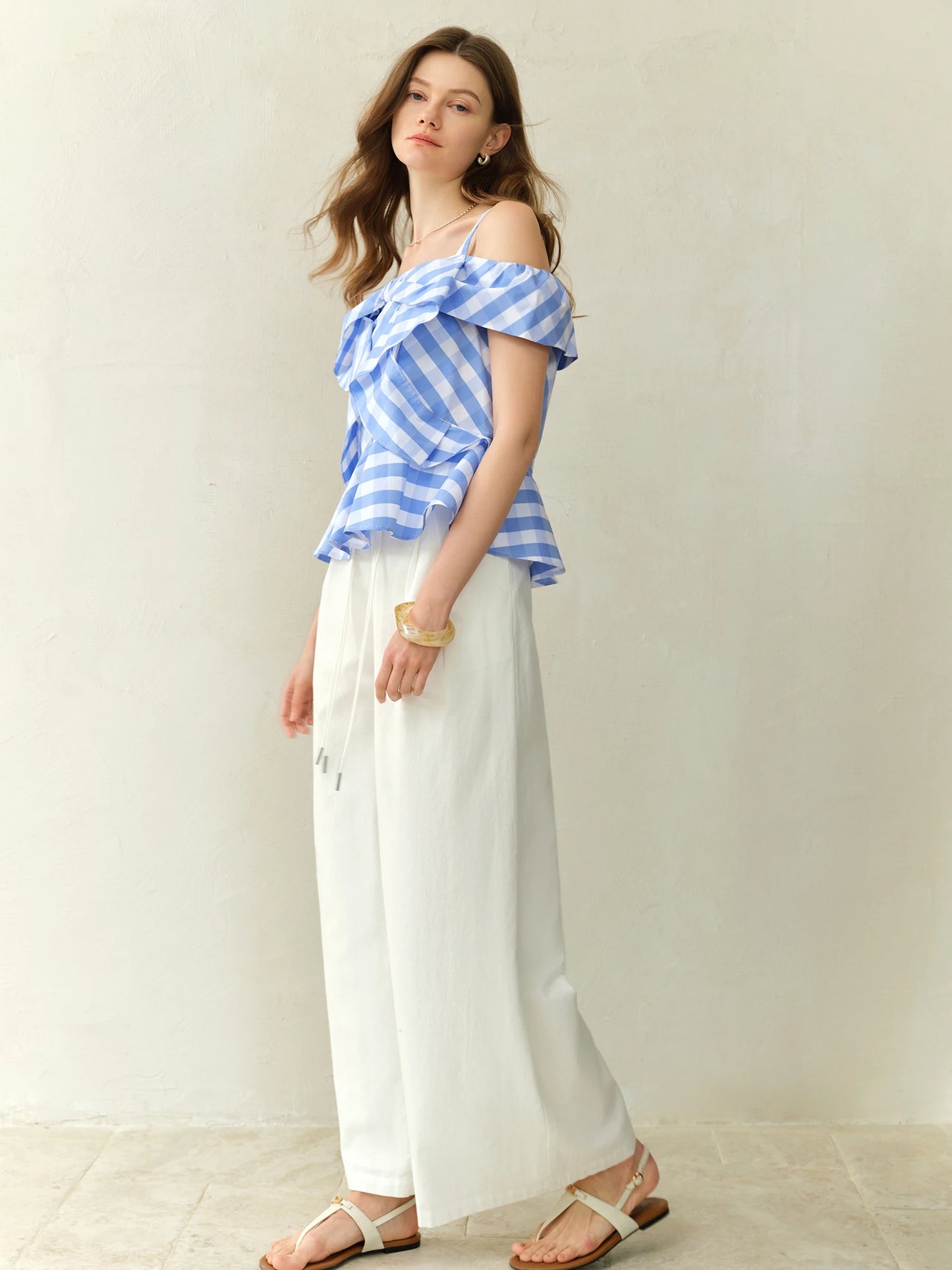 Asymmetric Checkered Blouse & Slim-Fit Design