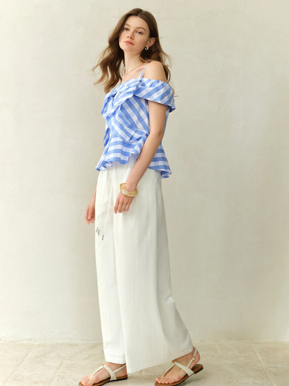 Asymmetric Checkered Blouse & Slim-Fit Design