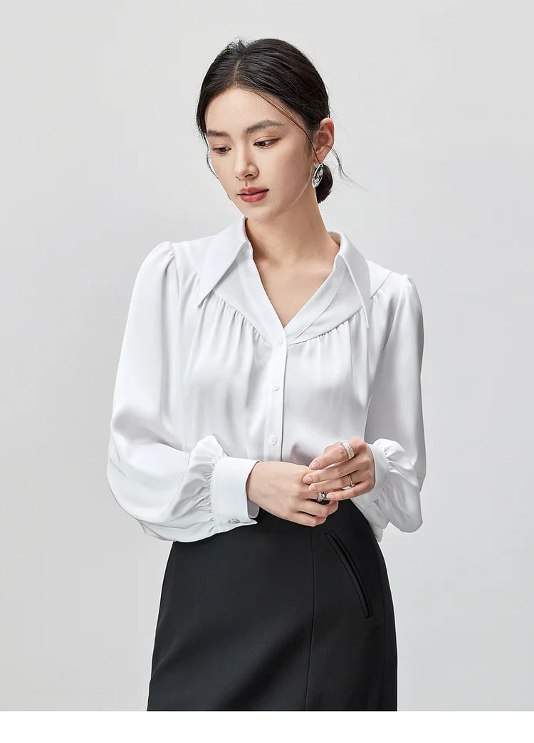 Elegant Loose Lapel Satin Long Sleeve Blouse