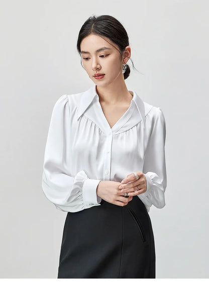 Elegant Loose Lapel Satin Long Sleeve Blouse