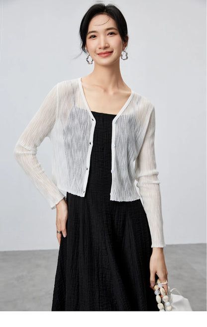 V-neck Cropped Knitted Cardigan & Long Sleeve Top