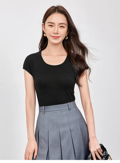 Slim Fit U Collar Short Sleeve Knit Top
