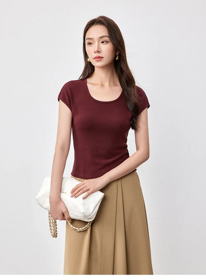 Slim Fit U Collar Short Sleeve Knit Top