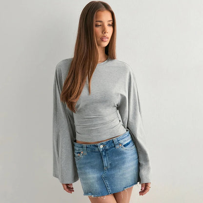 Solid Color Round Neck Cinched Waist Long Sleeve Top