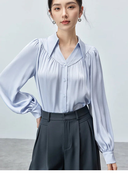 Elegant Loose Lapel Satin Long Sleeve Blouse