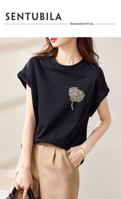 Cotton Black Short Sleeve Round Neck Tee Shirt