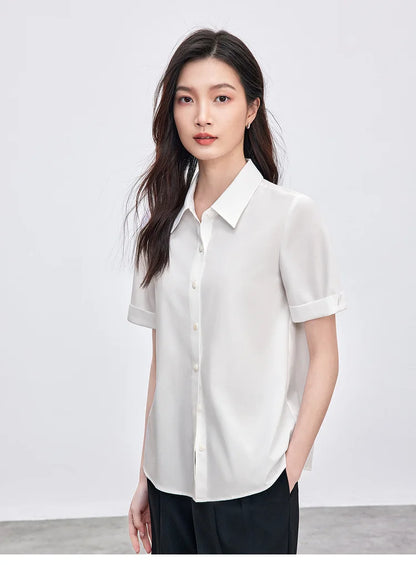 Simple Turn Down Collar Short Sleeve Blouse