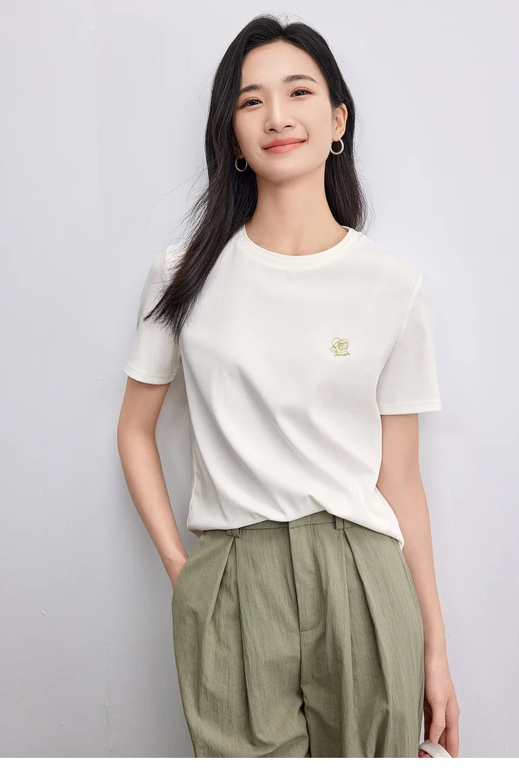 Embroidered Cotton Round Neck T-shirt & Casual Top