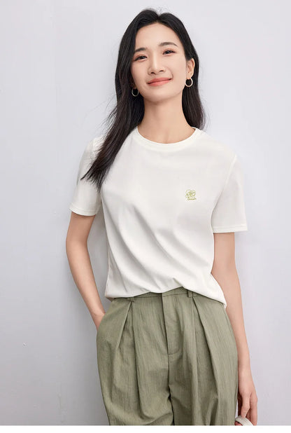 Embroidered Cotton Round Neck T-shirt & Casual Top