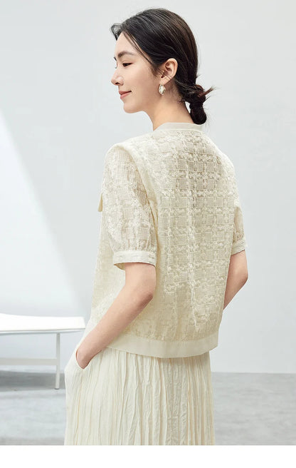 Elegant Tweed Cropped Coat with Round Neck & Short Sleeves