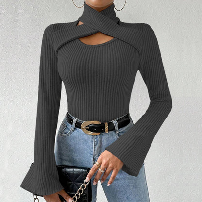 Korean Cut-Out Long Sleeve High-Neck T-Shirt