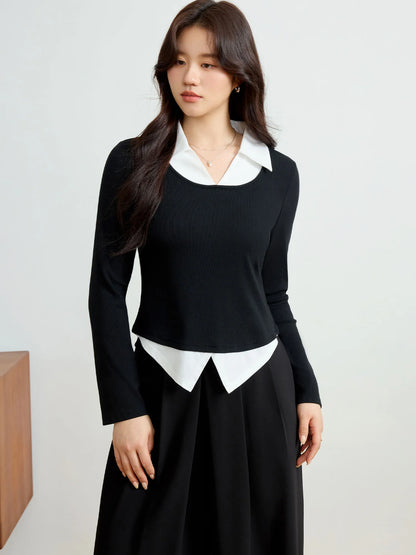 Contrasting Color Long Sleeve Knit Top & T-Shirt