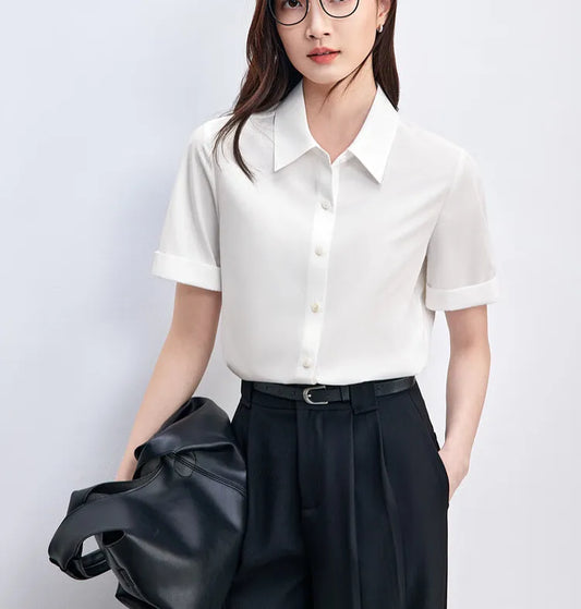 Simple Turn Down Collar Short Sleeve Blouse
