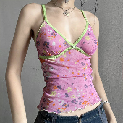 Floral V-Neck Bow Camisole with Contrast Trim