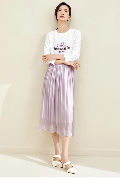 Elegant A-line Midi Skirt & Print Knit T-shirt Set