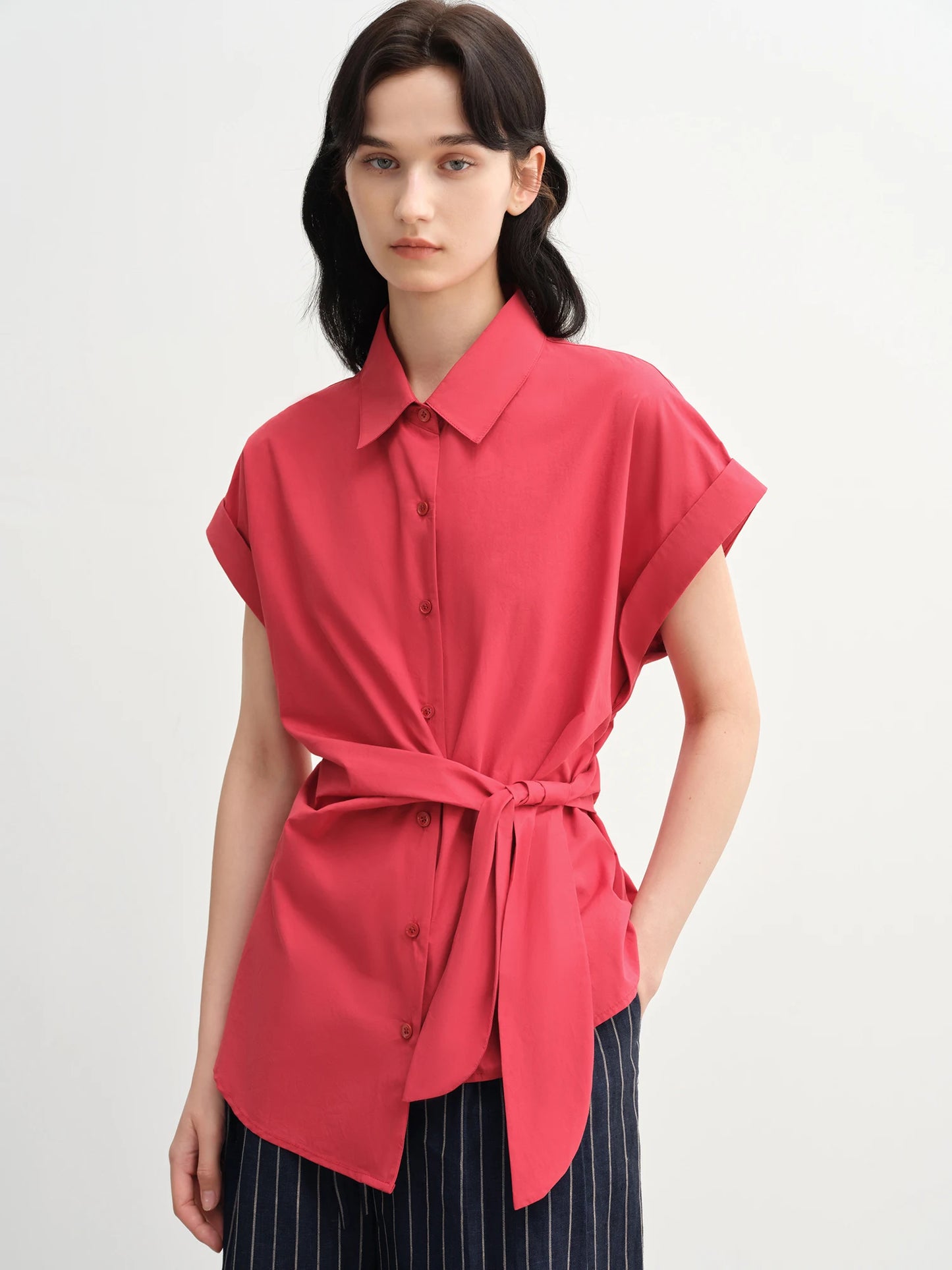 Buckle Short Sleeve Blouse & Fitted Waist Shirt