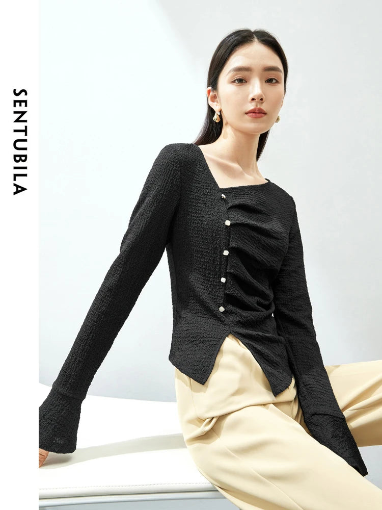 Elegant Knitted Pullover Top with Split Hem & Folds