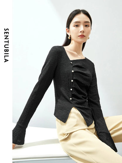 Elegant Knitted Pullover Top with Split Hem & Folds