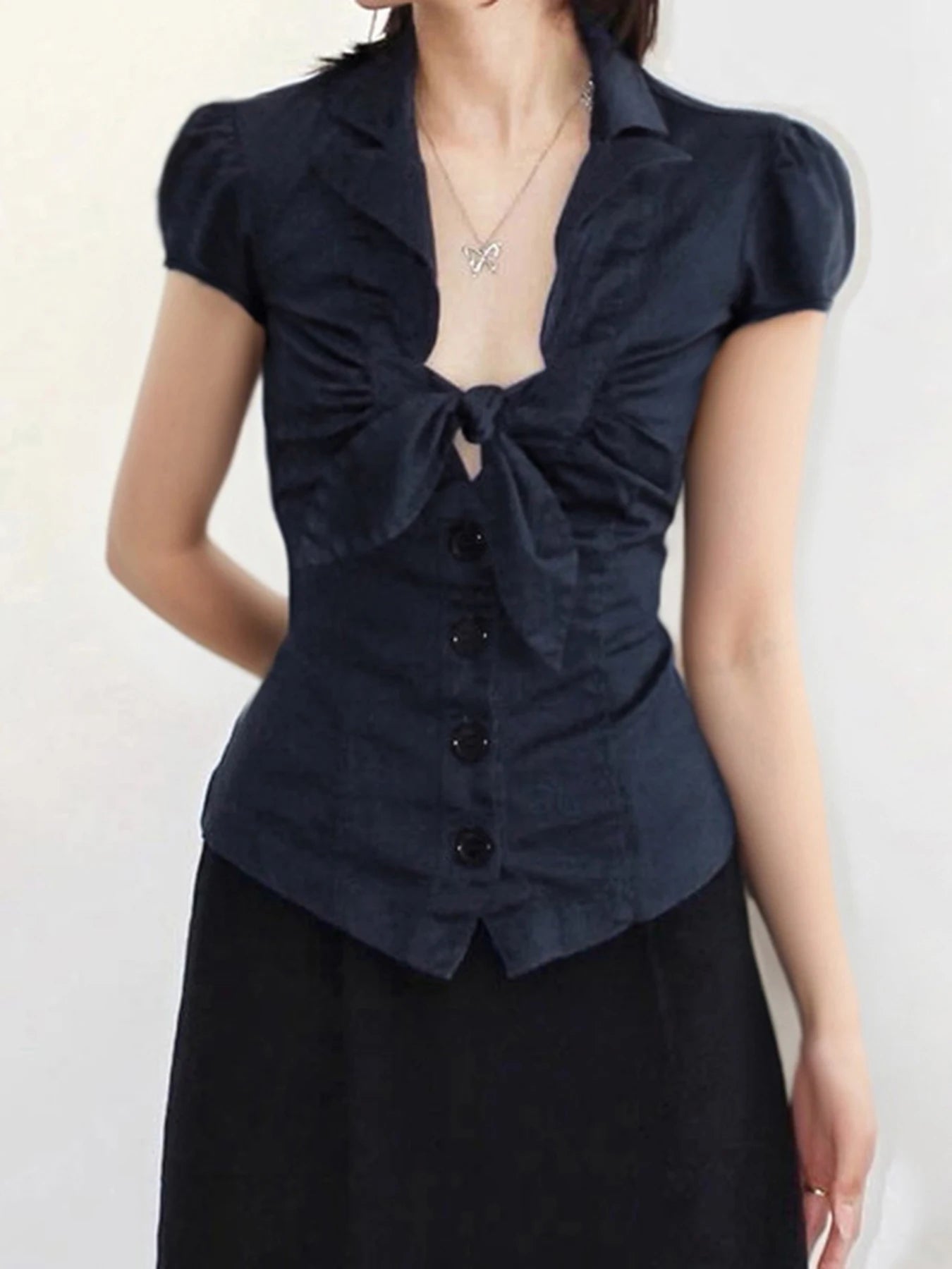 Puff Sleeve Bow Tie Blouse with Big Buttons