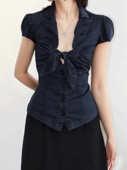 Puff Sleeve Bow Tie Blouse with Big Buttons
