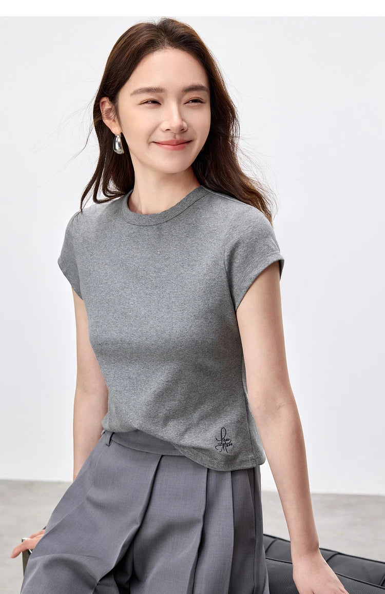 Solid Knitted Crewneck Short Sleeve Embroidery Top