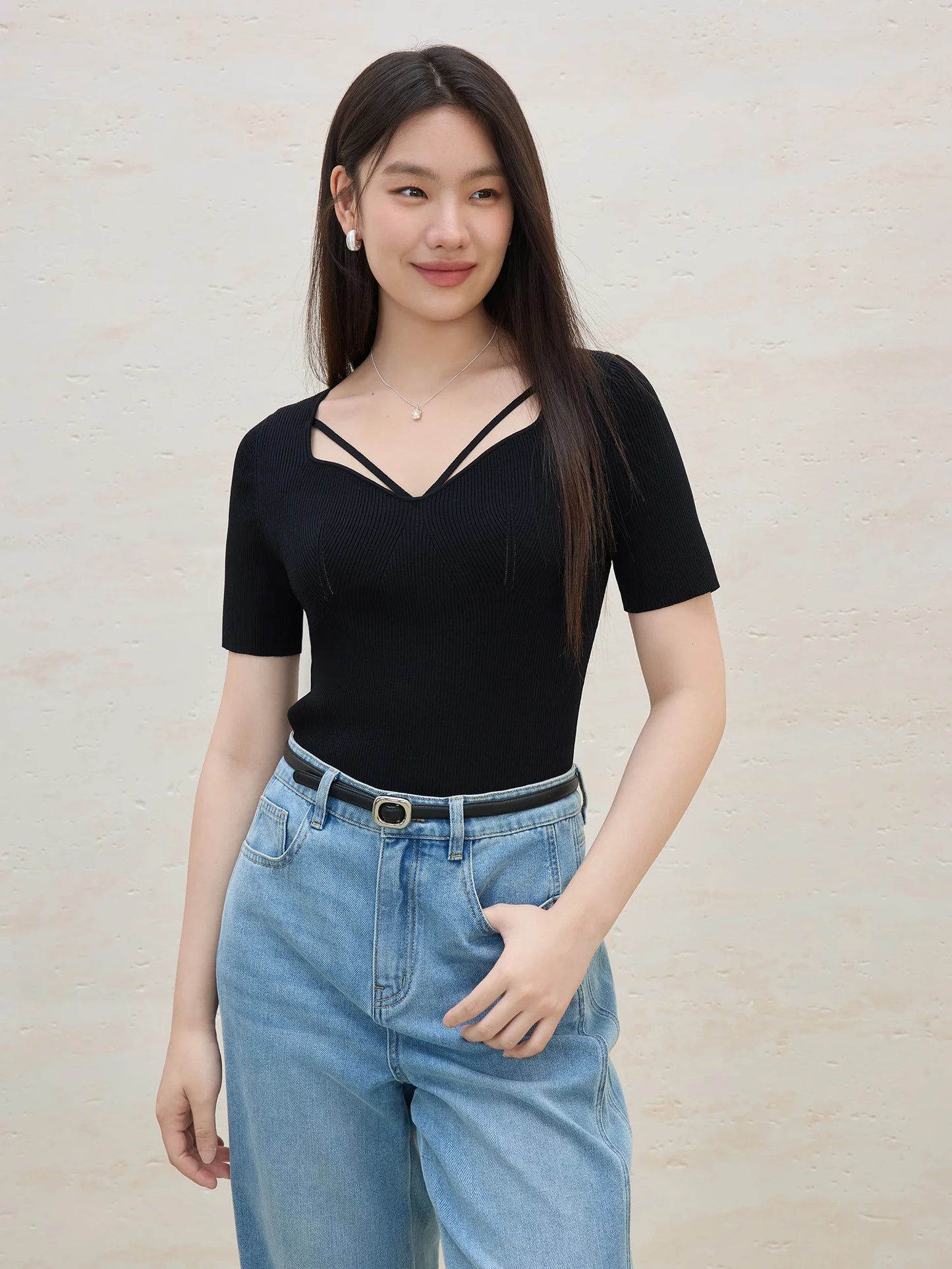 Knitted Short-sleeved Basic Versatile T-shirt Top