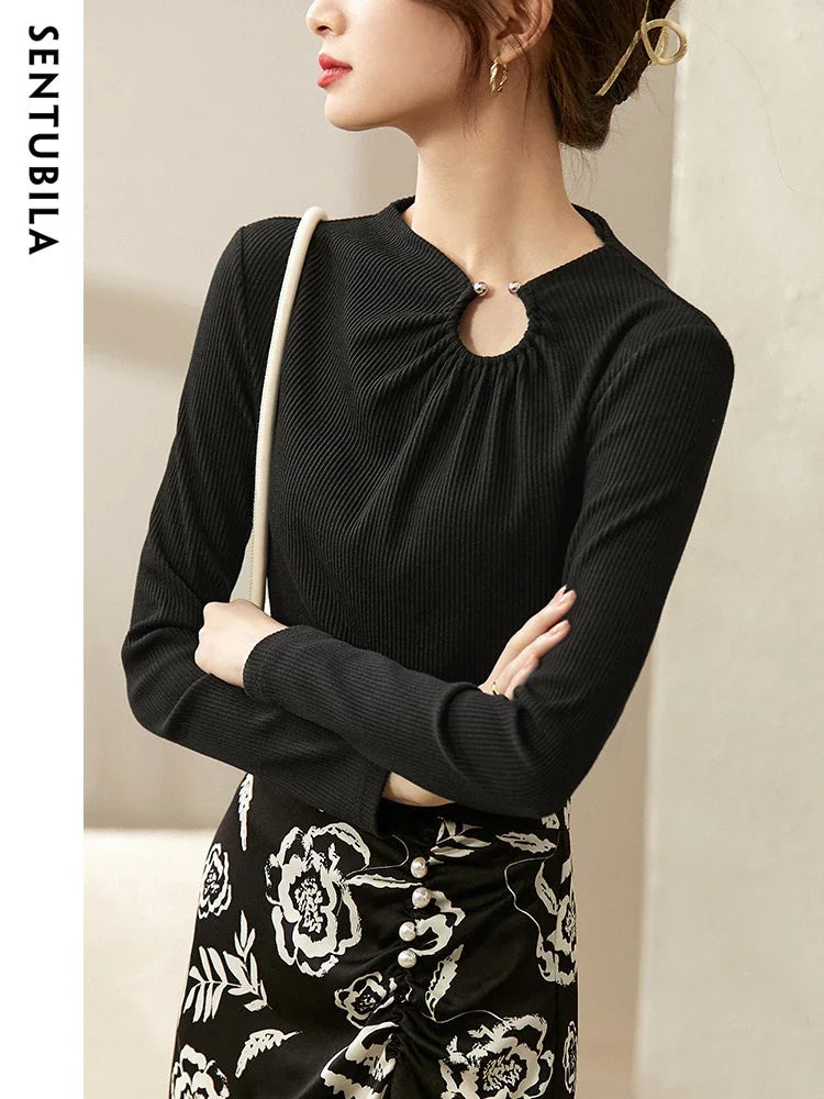 Cut Out Gathered Round Neck Long Sleeve T-shirt