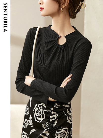 Cut Out Gathered Round Neck Long Sleeve T-shirt