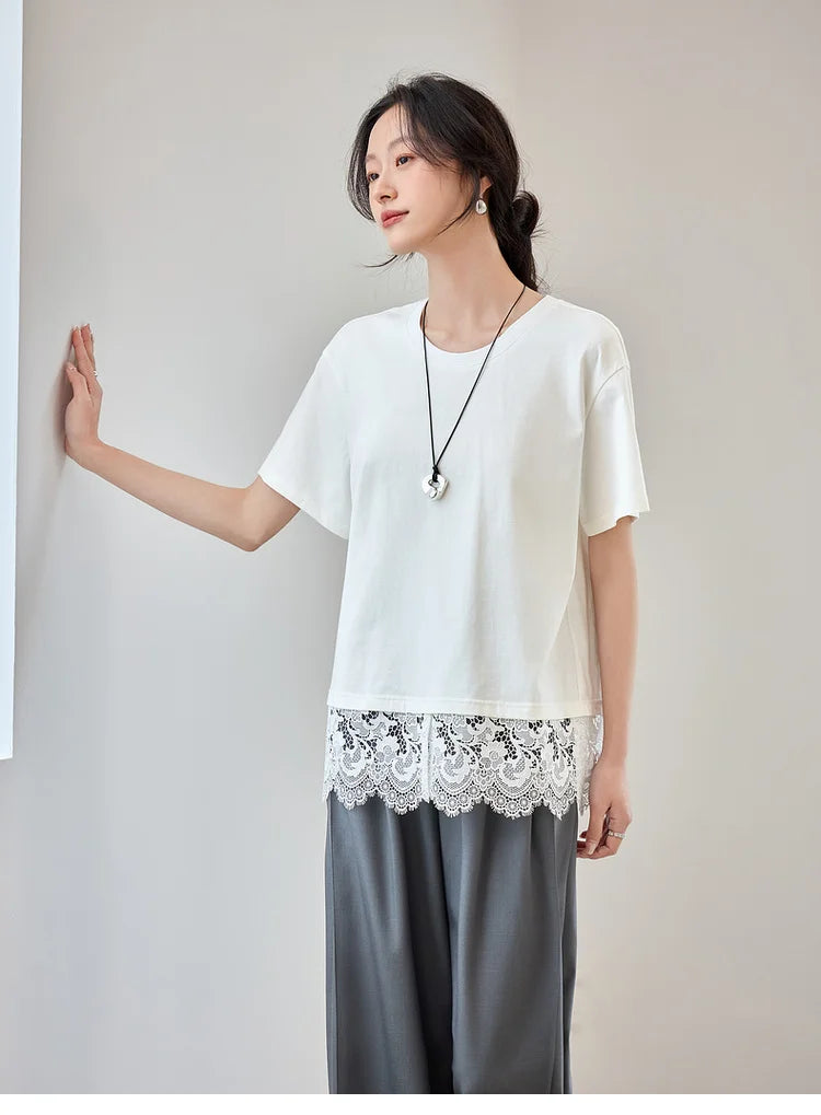 Lace Slit Loose Fit O Neck T-shirt & Tee