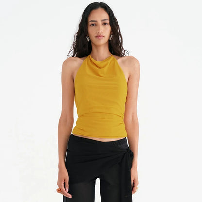 Backless Pleated Mesh Hanging Neck Sexy Top
