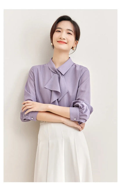 Elegant Bow Neck Chiffon Blouse & Long Sleeve Top