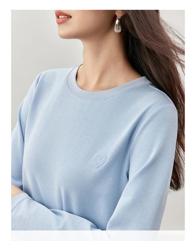 Solid Embroidery Crew Neck Long Sleeve T-shirt