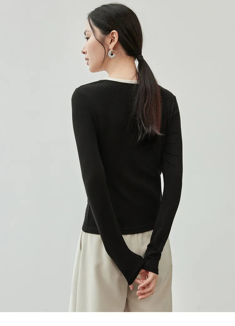 Patchwork Square Neck Long Sleeve Knit Top