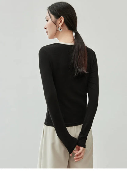 Patchwork Square Neck Long Sleeve Knit Top