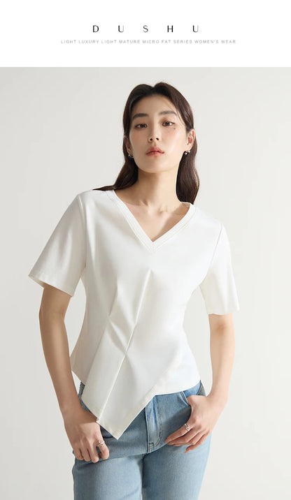 V-Neck Cotton Short Sleeve Tee & Pleated T-Shirt