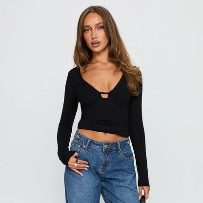 V-Neck Hollow Out Long-Sleeved Casual Top