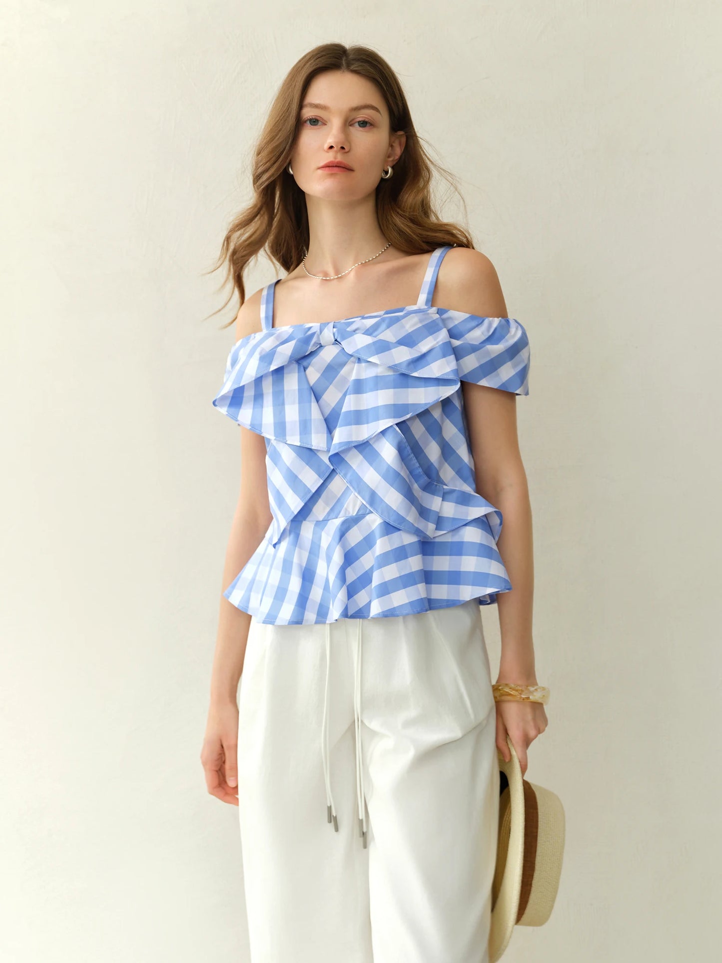 Asymmetric Checkered Blouse & Slim-Fit Design