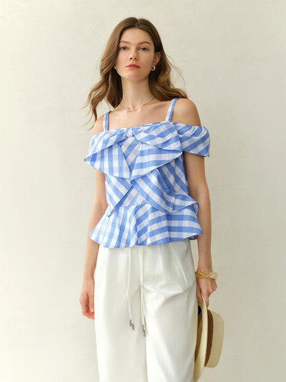 Asymmetric Checkered Blouse & Slim-Fit Design