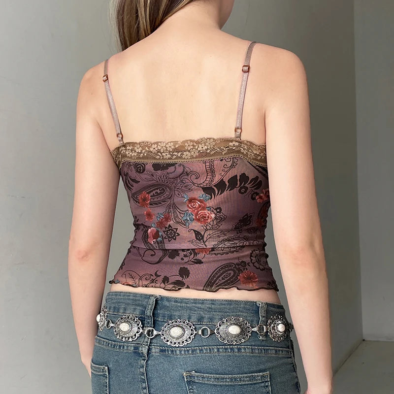 Floral Lace Patchwork Mini Camisole & Cropped Top
