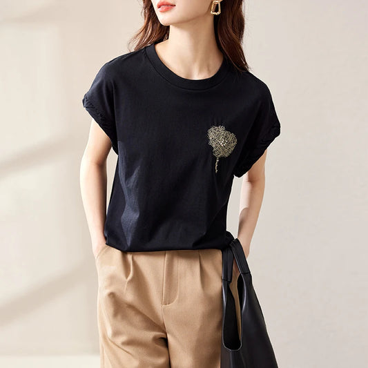 Cotton Black Short Sleeve Round Neck Tee Shirt