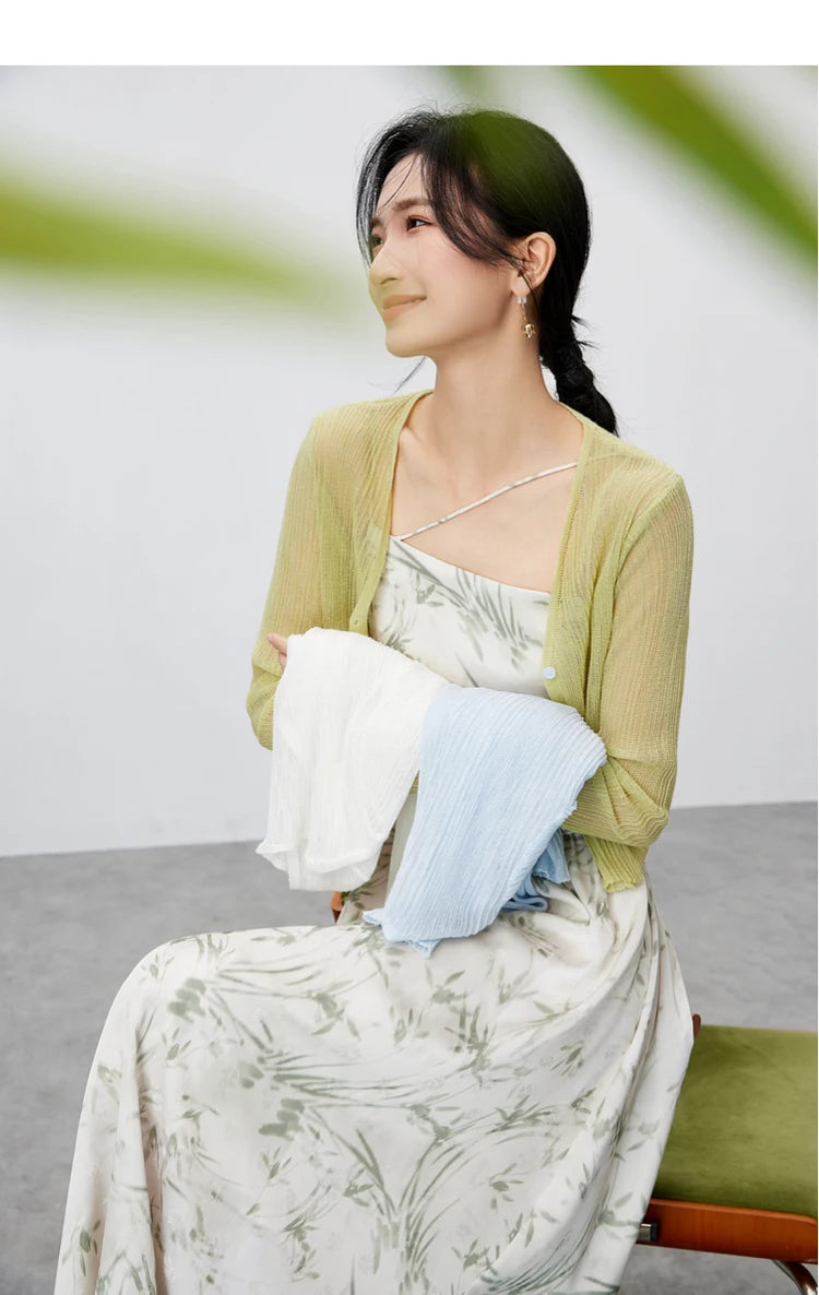 V-neck Cropped Knitted Cardigan & Long Sleeve Top