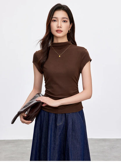 Slim Fit Half High Neck Tee & Shirring Detail