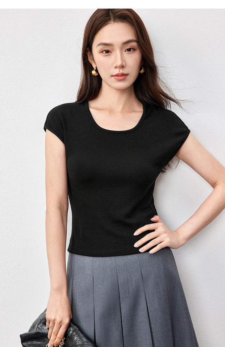 Slim Fit U Collar Short Sleeve Knit Top