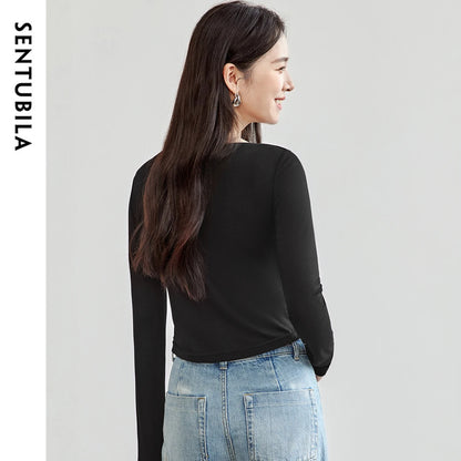 Irregular Knitted Long Sleeve Skew Collar Pullover