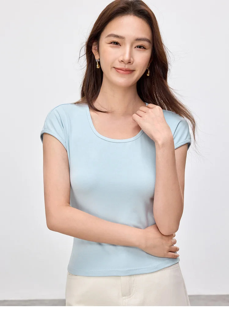 Slim Fit U Collar Short Sleeve Knit Top