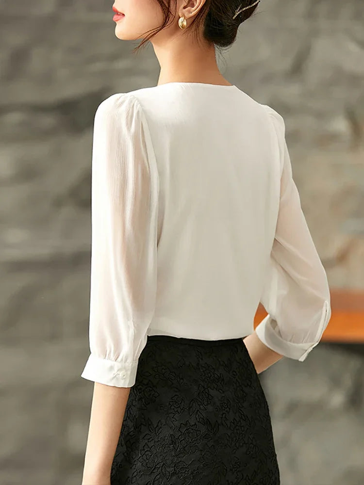 Elegant White Chiffon Pleated Button Down Top
