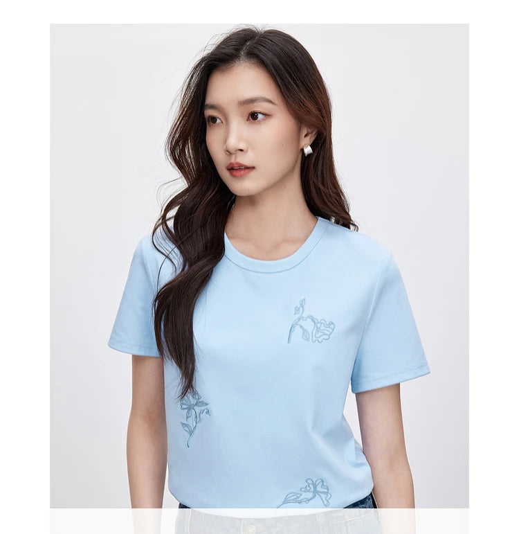 Embroidered Round Neck Short Sleeve Casual T-shirt