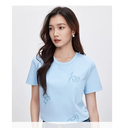 Embroidered Round Neck Short Sleeve Casual T-shirt